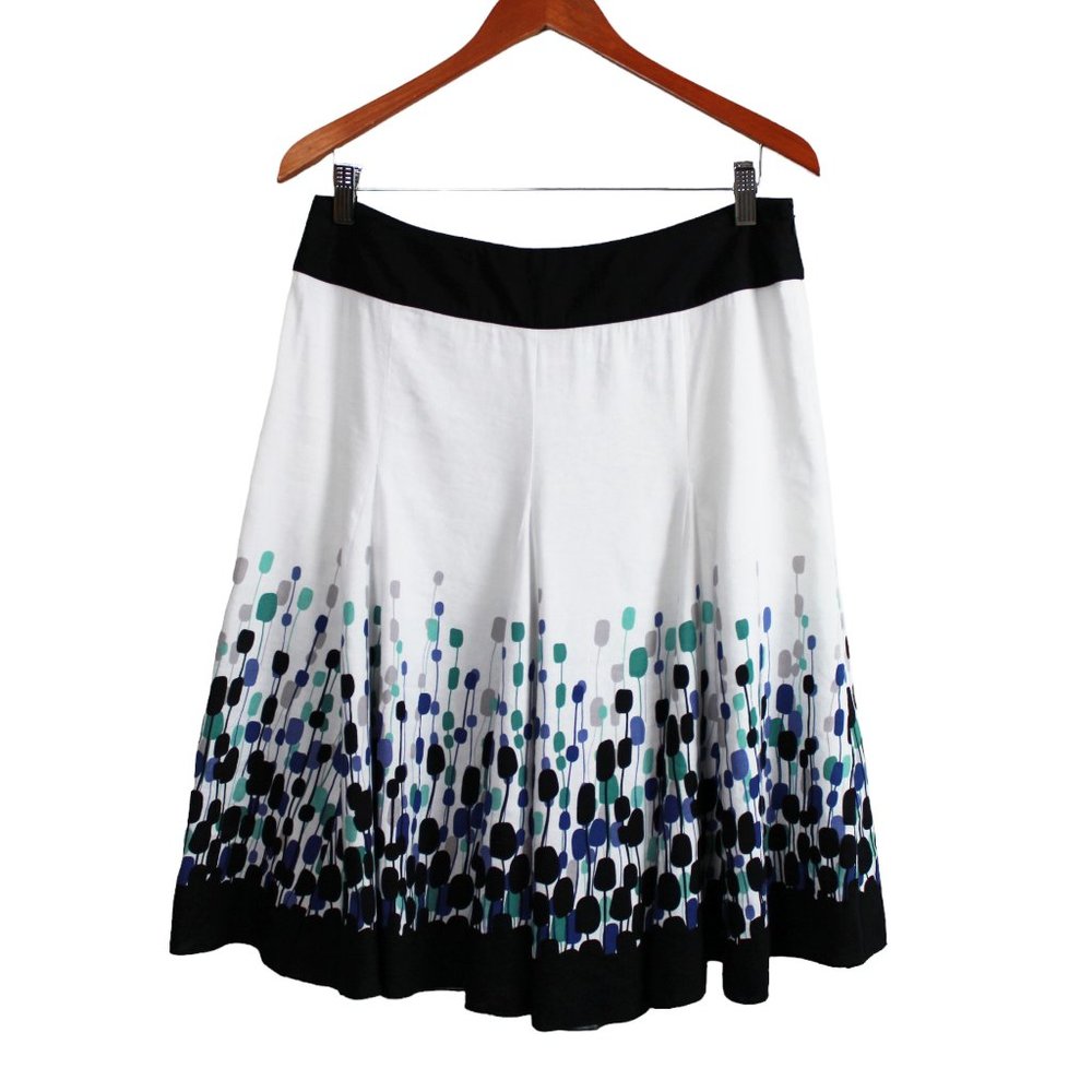 Emma James White Border Print Linen Blend Circle Skirt